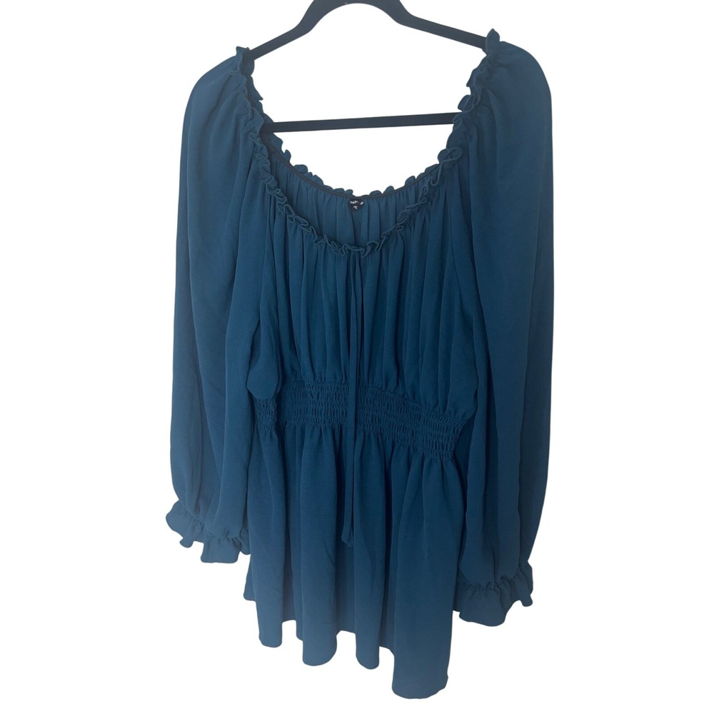 Shestarr Teal Blue Smocked Waist festival boho Long Sleeve Peplum Blouse 4XL
